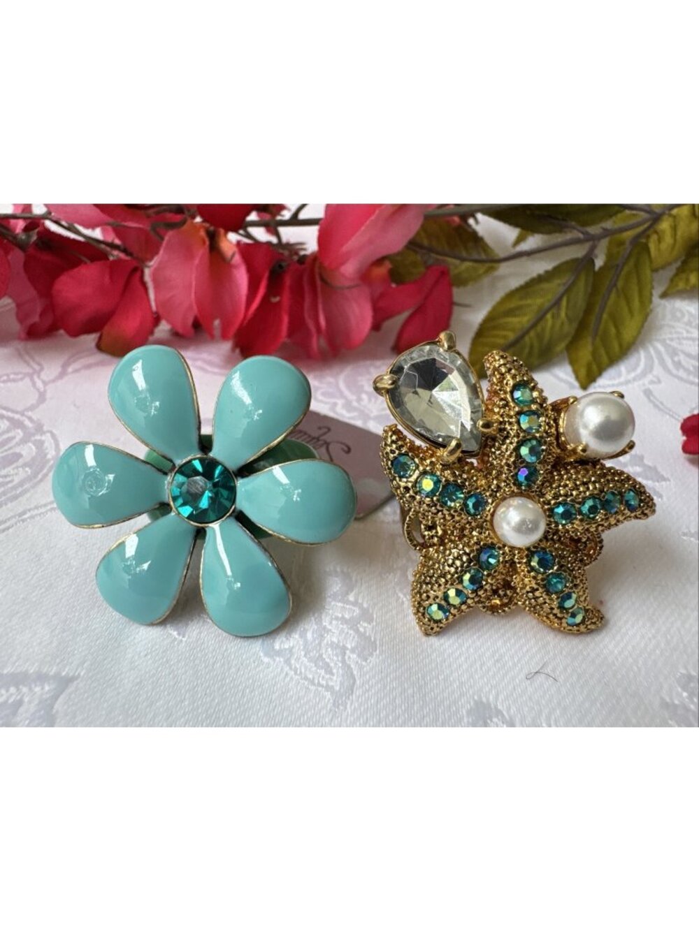 TWO SEQUIN NYC Flower Starfish Colorful Adjustable Fashion Ring RIngs O/S NEW